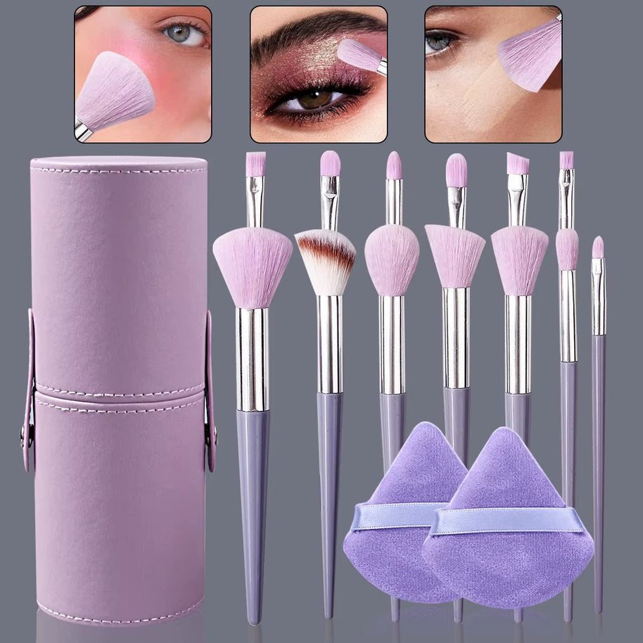13 pieces of purple makeup brush set, multi-functional brush set & 2 soft triangular powder puff & portable storage bucket