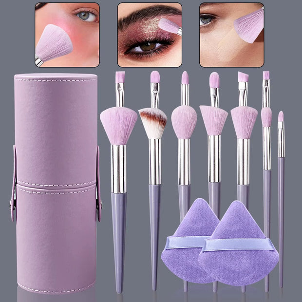 13 pieces of purple makeup brush set, multi-functional brush set & 2 soft triangular powder puff & portable storage bucket