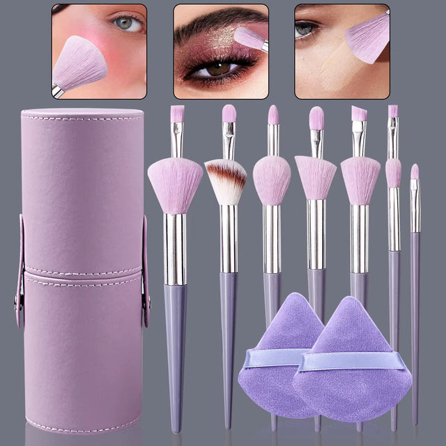 13 pieces of purple makeup brush set, multi-functional brush set & 2 soft triangular powder puff & portable storage bucket
