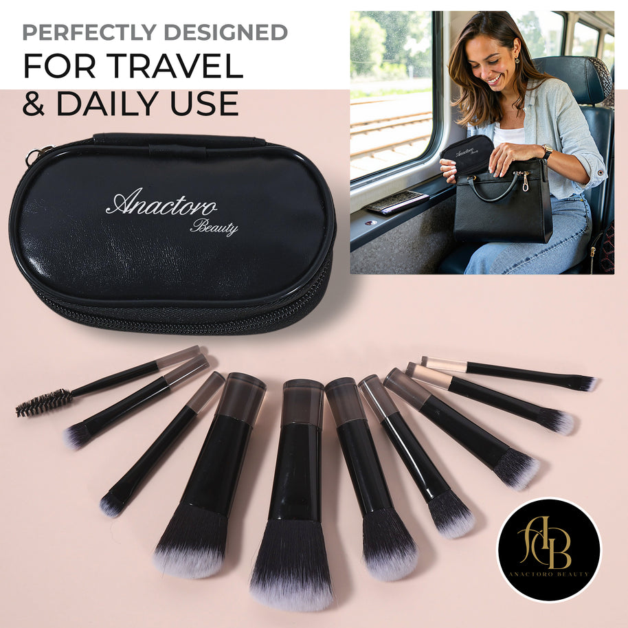 Travel Makeup Brushes Set - 10 Mini Brushes