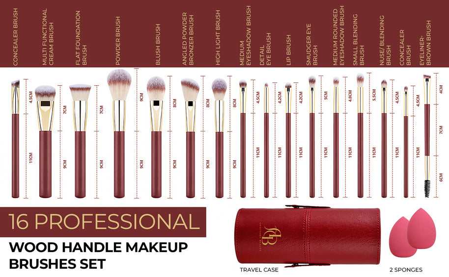 16 pieces Professional Vegan Wood Handle Makeup Brushes Set with storage bucket