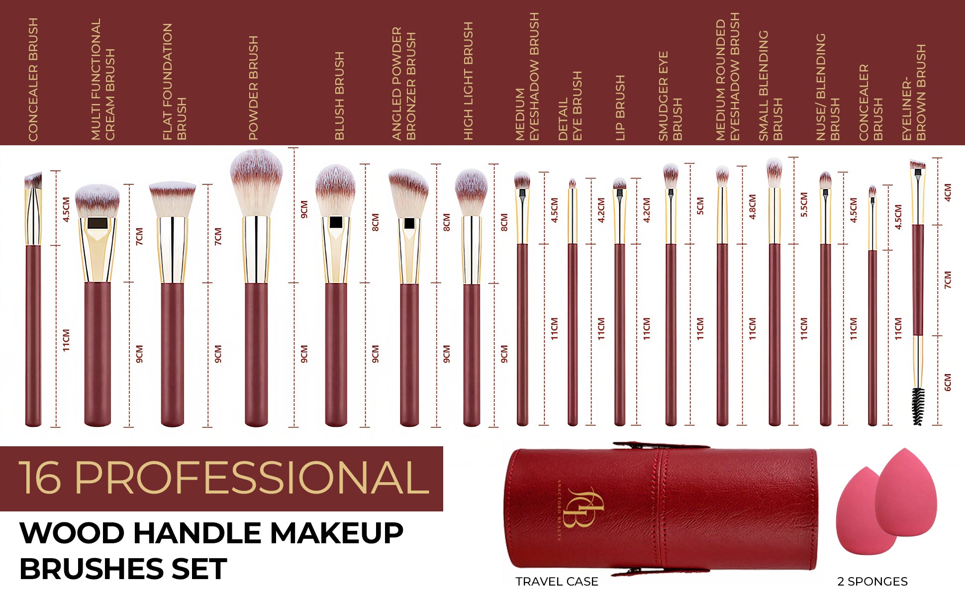 16 pieces Professional Vegan Wood Handle Makeup Brushes Set with storage bucket