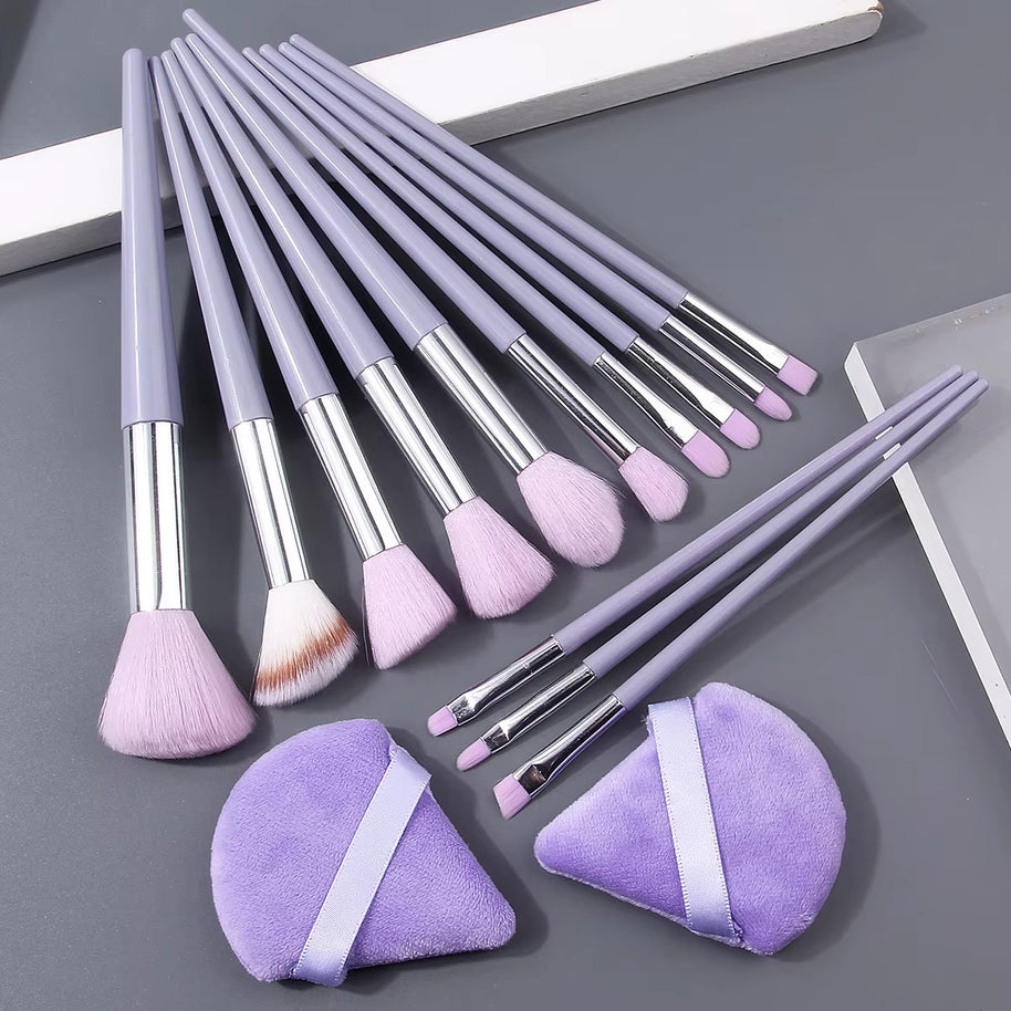 13 pieces of purple makeup brush set, multi-functional brush set & 2 soft triangular powder puff & portable storage bucket