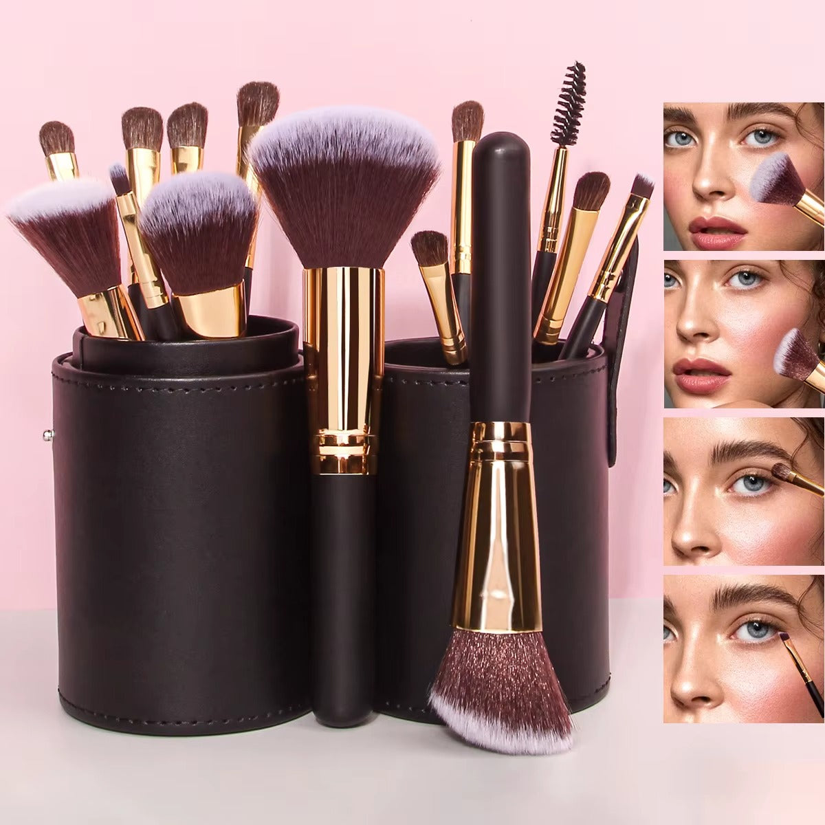 15 pieces Professional Vegan Wood Handle Makeup Brushes Set with storage bucket