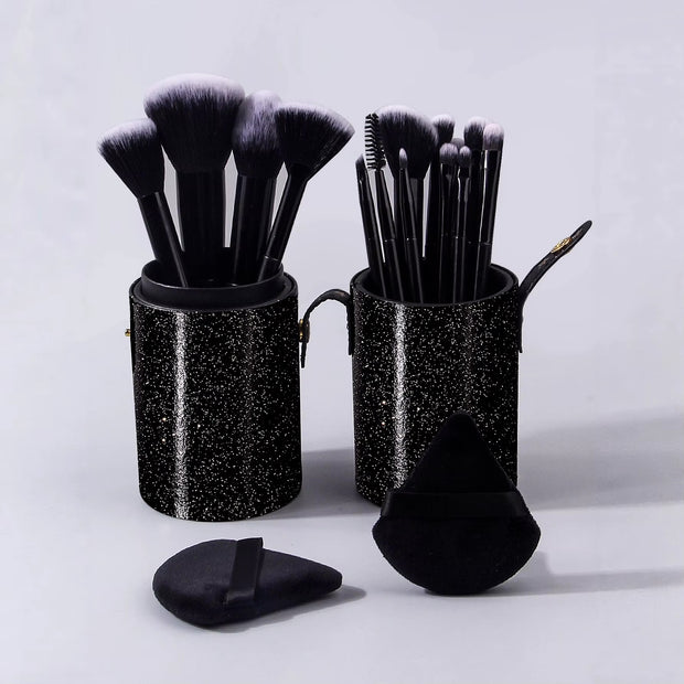 14 pieces of high-quality multi-purpose facial makeup brushes +2 soft triangular powder puffs +1 portable storage bucket